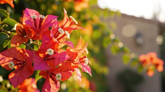 Vibrant flowering plant with bright orange and pink petals in soft sunlight