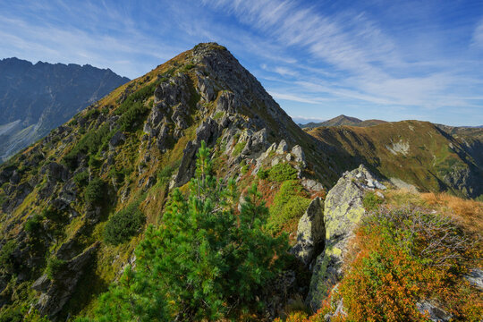 View of rugged mountain terrain dotted with vibrant green vegetation under a vast blue sky streaked with wispy clouds, Liptovske Kopy, Presov Region, Slovakia.