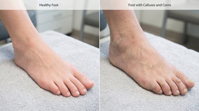 Comparison of a healthy foot versus a foot with calluses and corns, highlighting common skin conditions.