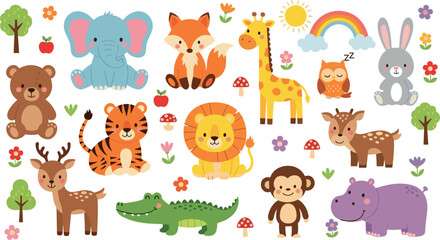 Cute jungle and forest animals vector set with elephant, lion, tiger, giraffe, monkey, crocodile and rainbow cartoon illustration for kids