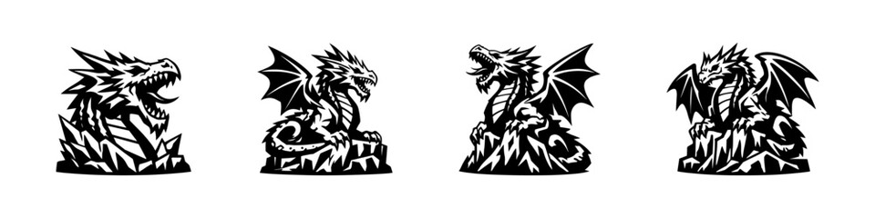 Set of four dragon silhouettes in black and white vector on rocky bases
