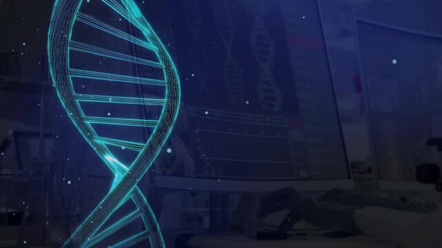 DNA Testing animation. Scientist testing DNA biochemistry. health care concept. Computer screens with DNA helix in foreground.