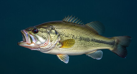 Fototapeta premium Largemouth Bass Fish Swimming Underwater on a Solid Dark Blue Background