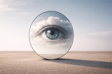 A surreal image of a magnifying glass reflecting a blue eye with clouds in the background on a sandy terrain