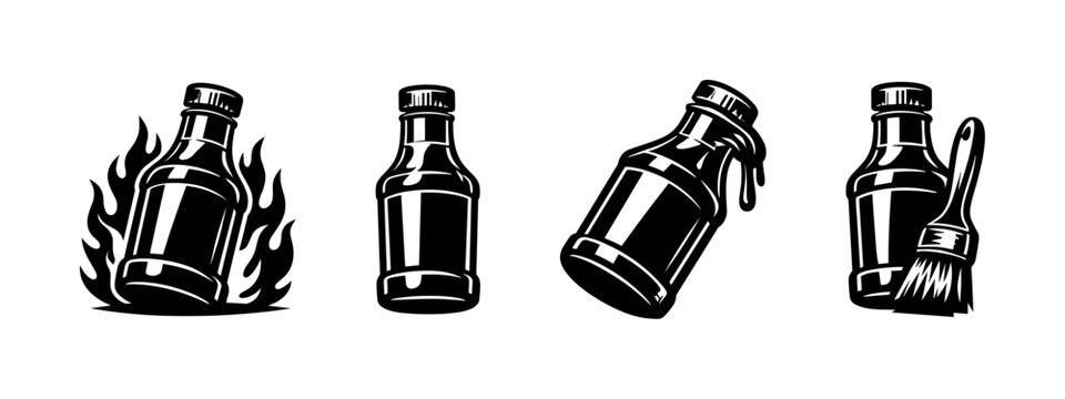 Set of black and white vector illustrations of sauce bottles with flames and brush