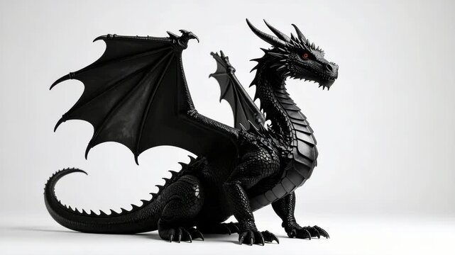 Detailed black dragon with powerful wings and orange eyes on a white background