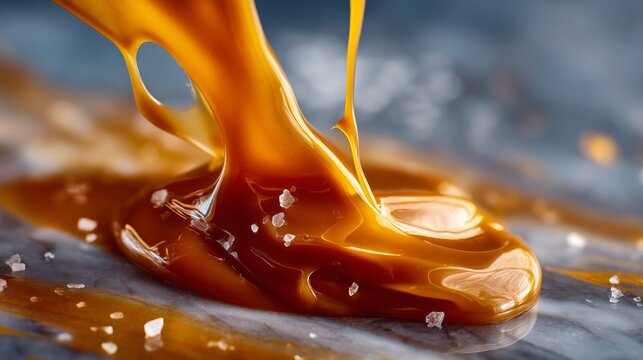 Liquid salted caramel pouring onto marble surface with sea salt