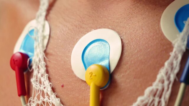 A man wearing a Holter monitor, a portable device that continuously records the heart's electrical activity, electrocardiogram, for 24 hours.