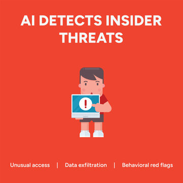 Vector graphic illustration of a man holding a laptop with an exclamation mark representing AI detecting insider threats and unusual data access.