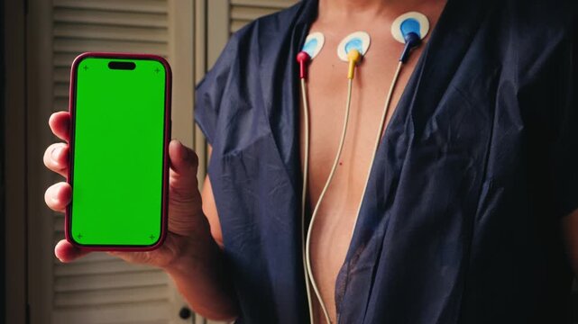 A man wearing a Holter monitor, a portable device that continuously records the heart's electrical activity, tracks his heart activity using a mobile app. Chroma key.