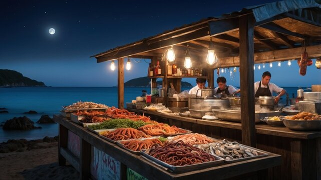 Nighttime seafood market by the beach with chefs preparing dishes under moonlight and string lights