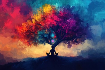 The silhouette of a tree with chakra colors art illustration meditation.