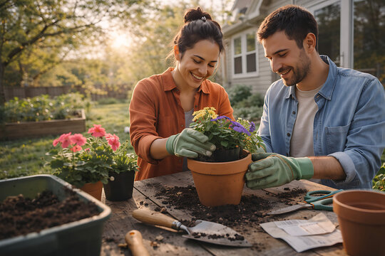 Smiling Hispanic couple holding potted plants while gardening with flowers in a greenhouse during spring 🌱🌸