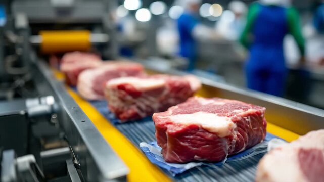 23Industrial meat processing line, close-up of conveyor belt with cuts of meat, automated wrapping and packaging machines, factory environment with operational staff, production line