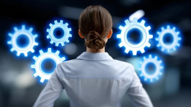 28Businesswoman improving production process, faceless figure working with digital flowcharts and efficiency symbols, industrial continuous improvement concept