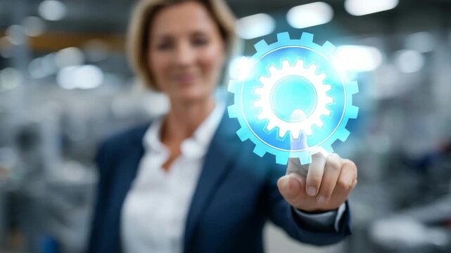 29Businesswoman improving production process, faceless figure working with digital flowcharts and efficiency symbols, industrial continuous improvement concept