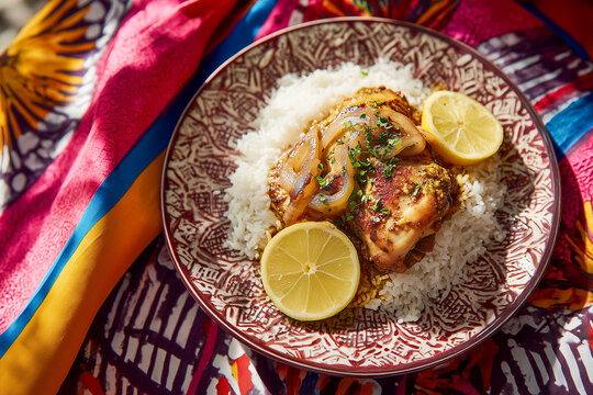 top view of flavorful poulet yassa chicken with lemon and onions on colorful plate in senegalese courtyard