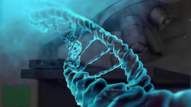 DNA Testing animation with microscope stage during scientific Medical, microscope check and scientist doing research for DNA and laboratory work for science.