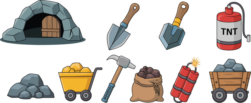 Set Of Mining Equipment And Resources Including Gold Carts TNT Dynamite Pickaxes And Rocks For Game Asset Design