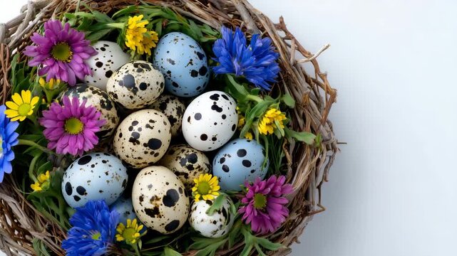 39Easter festive arrangement viewed from above, pastel quail eggs mixed with spring flowers, airy white backdrop, seasonal celebration with copy space