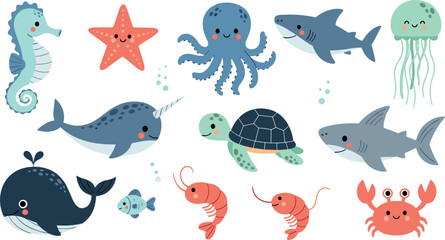 Cute Ocean Animals Collection with Whale, Shark, Turtle, Octopus and Sea Creatures Vector Illustration Set © MdNazmul