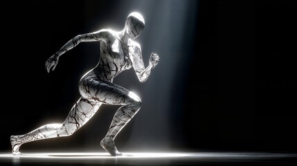 Obraz premium A marble-textured humanoid figure in motion, illuminated by a dramatic spotlight against a dark background, evoking strength and transformation.
