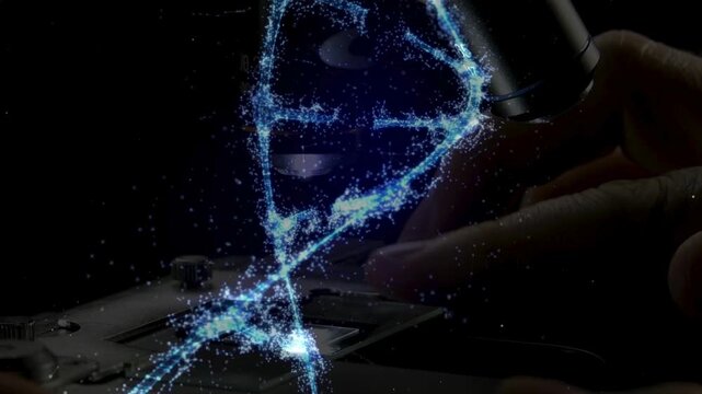 DNA Testing animation with microscope stage during scientific Medical, microscope check and scientist doing research for DNA and laboratory work for science.