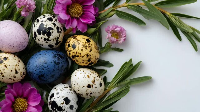 52Top view festive Easter layout, colorful quail eggs paired with fresh spring flowers, minimalist white backdrop, holiday concept with copy space