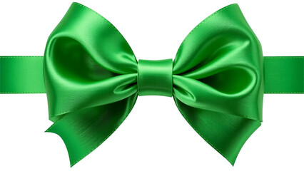 Shiny green satin ribbon bow isolated on transparent background. Elegant decorative bow perfect for gift packaging, festive design and luxury branding.