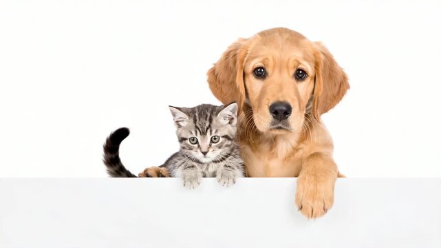 Golden retriever puppy and tabby kitten peeking over a white surface