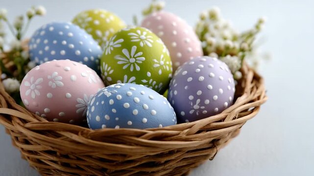 55Easter basket filled with hand-painted pastel eggs, delicate patterns and soft colors, clean white background, festive spring holiday decoration with copy space