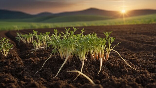 Freshly harvested carrots growing in rich soil, bathed in golden sunlight with rolling hills behind