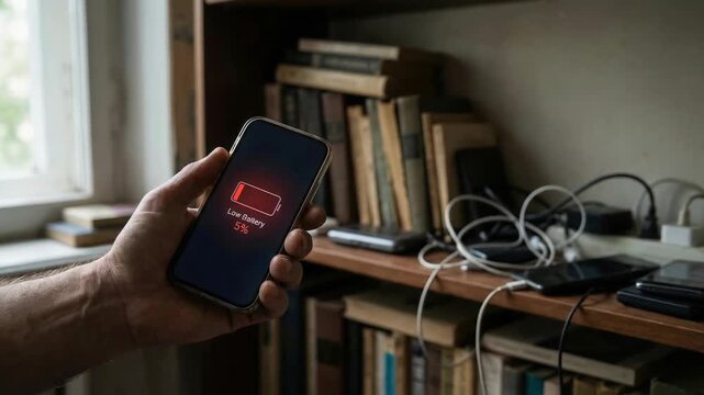 Chaotic workspace smartphone low battery charging cable messy desk bookshelf clutter gadget shelf lived spaces hand holding phone lived spaces