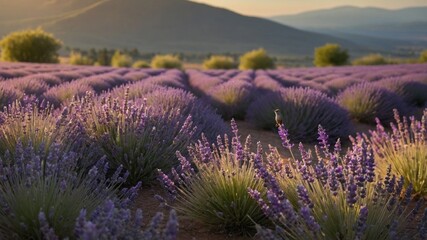 Obraz premium Breathtaking lavender field in full bloom at sunset, with mountains in the background