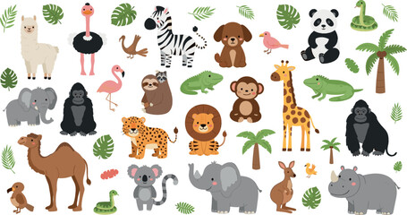 Fototapeta premium Cute Safari Jungle Animals Collection with Elephant, Giraffe, Lion, Panda and Tropical Wildlife Vector Illustration Set