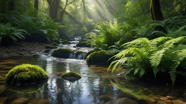 Serene forest stream with sunlight filtering through trees, showcasing lush ferns and mossy rocks