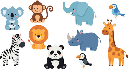 Fototapeta premium Cute Safari Zoo Animals Collection with Lion, Elephant, Giraffe, Zebra and Panda Cartoon Vector Illustration Set