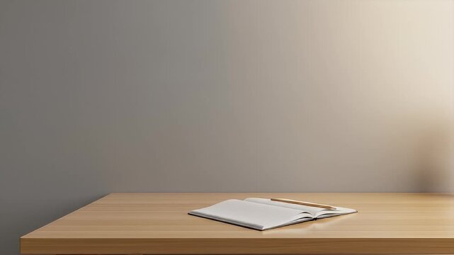 An open notebook with a pencil and a plant on a light brown desk against a gray wall