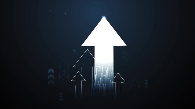 Stylized dark background with multiple upward-pointing white arrows animation, one large glowing arrow and smaller outlined arrows