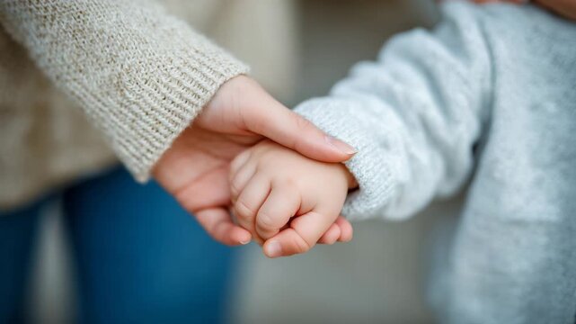 233Faceless baby holding hand of parent, close-up focus on interlocked fingers, warm soft light, blurred comforting background, tenderness, trust, protection, and parental love