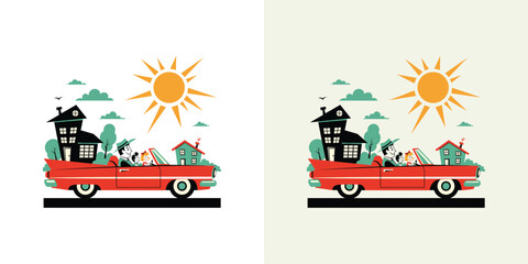 Naklejka premium Sunny journey illustration A classic red convertible car packed with whimsical houses and trees, symbolizing joyful relocation, new beginnings, or a delightful summer road trip