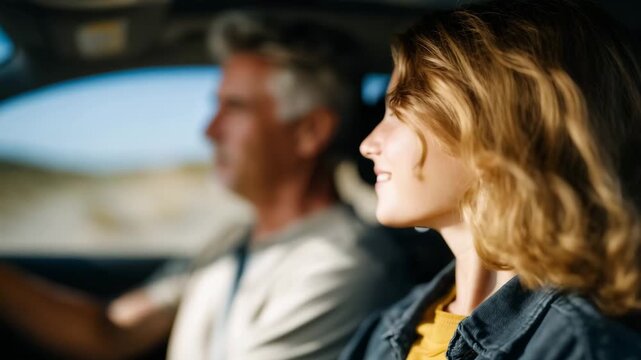 232Faceless father and teenage daughter sitting in car, smiling, father driving while daughter looks ahead, sunny day, defocused background of road and scenery, family travel, parent-