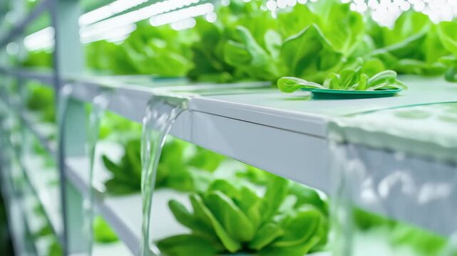 Close-up of fresh green lettuce plants growing in a vertical hydroponic farm with flowing water and soft LED lighting