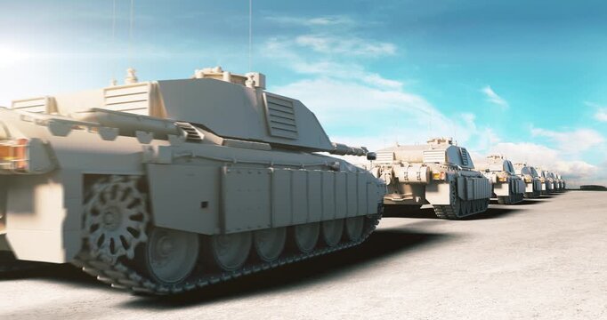 Military armored vehicle driving during a bright sunny day. World War Related 3D Animation.