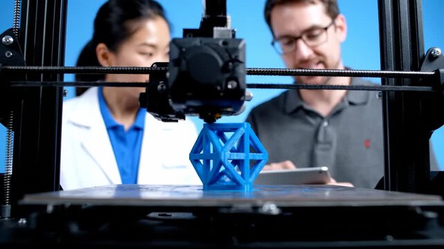 Scientists in lab coats examine a blue lattice structure being printed on a professional 3D printer, discussing structural integrity and engineering design in a modern facility.