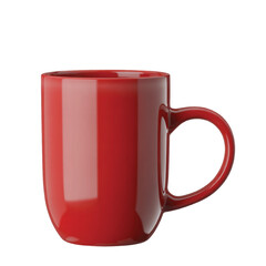 A vibrant red ceramic coffee mug with a handle stands isolated on a white background
