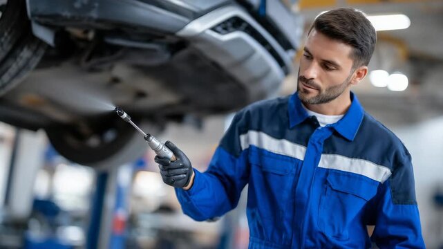 284Automotive technician in overalls spraying rustproof coating under car, close-up of hand and spray nozzle, defocused garage background, corrosion prevention, vehicle maintenance, c