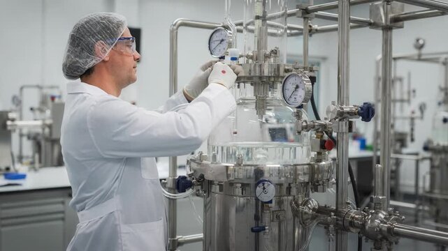Medium shot of technicians adjusting a glasslined small batch reactor focusing on precise control valves and transparent vessel for chemical synthesis processes.