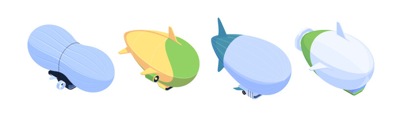 Helium airship transport collection. Vector isometric passenger blimps, aviation vehicles. Atmospheric flying commercial planes. Transportation evolution or retro travel illustrations © Sensvector