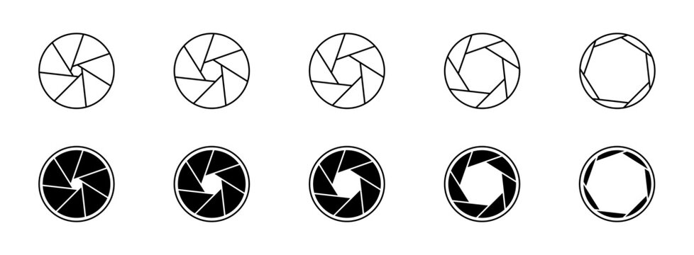 Circular aperture icons. Vector isolated open and closed diaphragm configurations. Photographic equipment glasses front elements. Camera software, exposure guides and technical visual communication